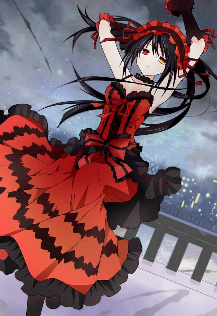 Tokisaki Kurumi in a red dress at night