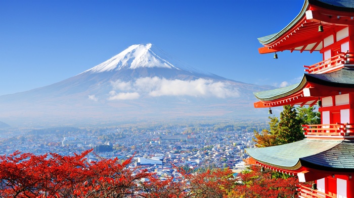 Mount Fuji and a Japanese Pagoda in Autumn