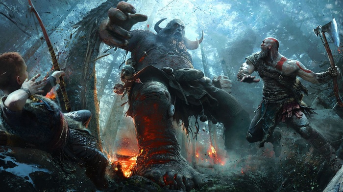God of War: Kratos and Atreus fight a giant