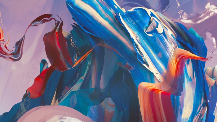 Abstract painting with blue, red, and white colors