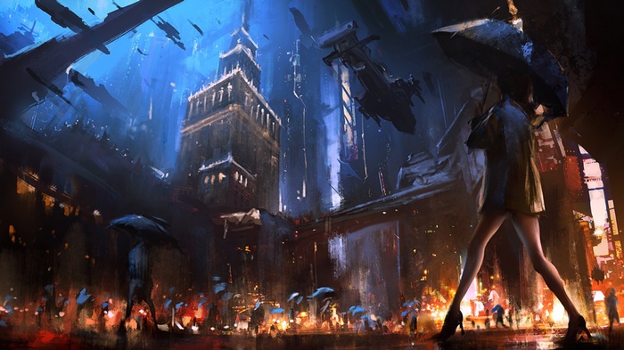 Futuristic Warsaw city with flying vehicles and a woman with an umbrella