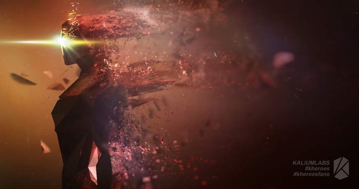 Kheroes character disintegrating with light and particles