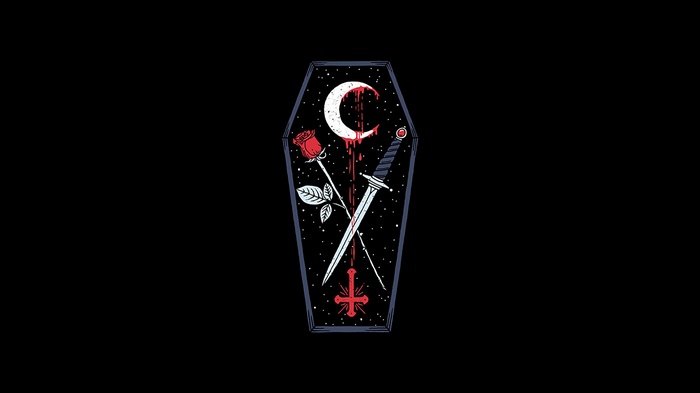 Coffin with rose, sword, and bloody moon