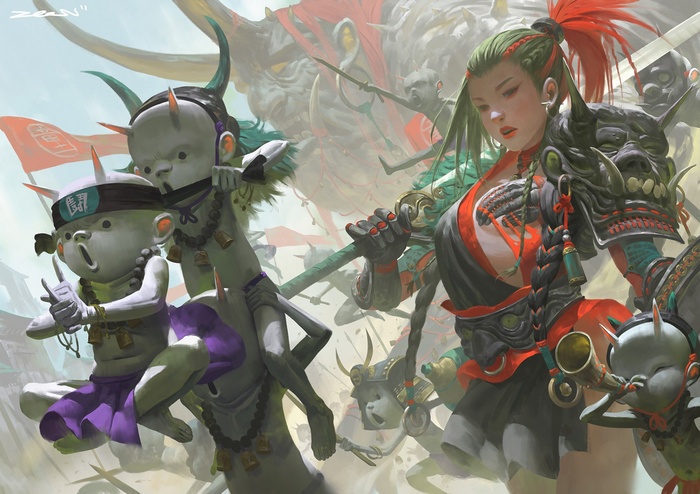 Artwork of a warrior and demonic figures