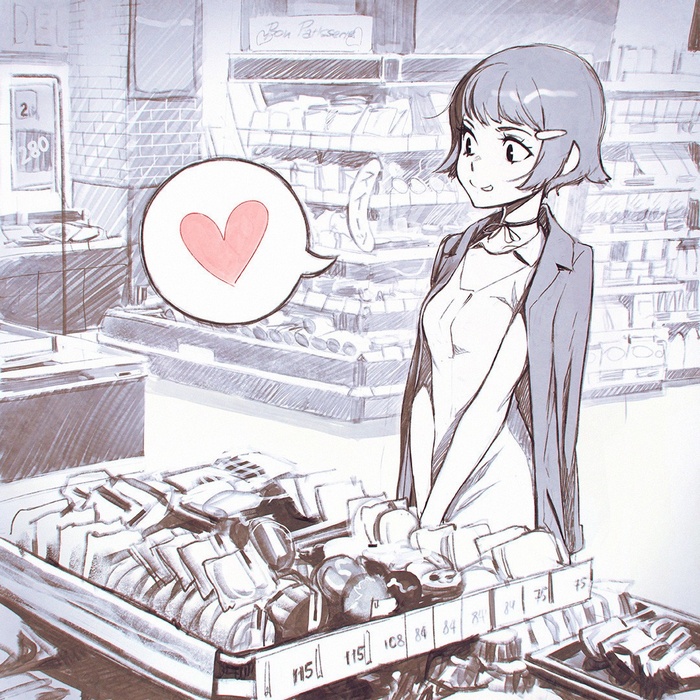 Anime girl in a store with a heart bubble