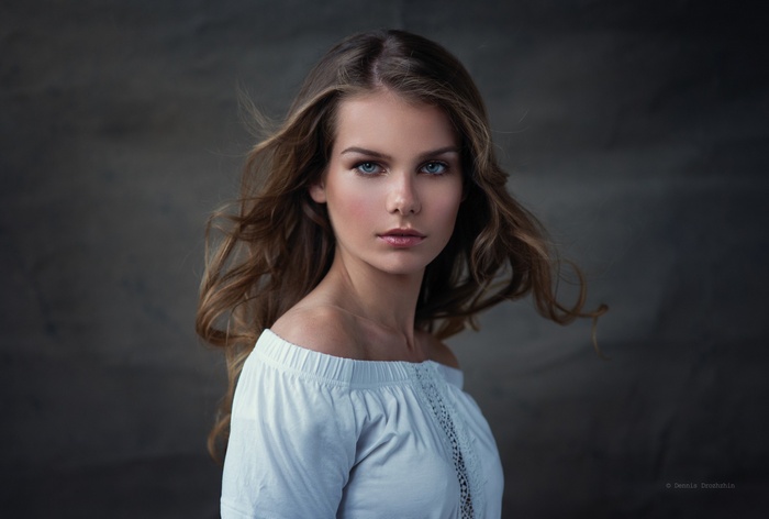 portrait, windy, Dennis Drozhzhin, no bra, white tops, bare shoulders ...