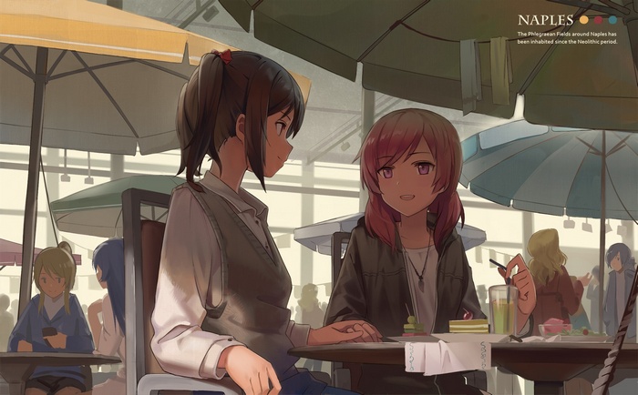 Two anime girls at an outdoor cafe in Naples