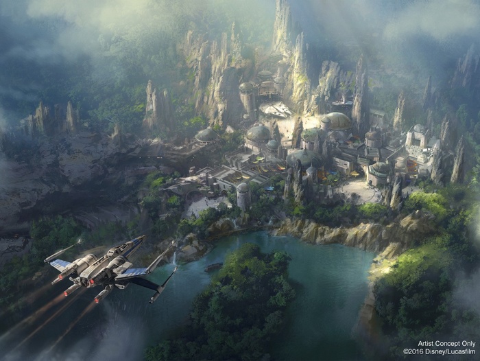 Star Wars artwork of a settlement and X-wing fighter