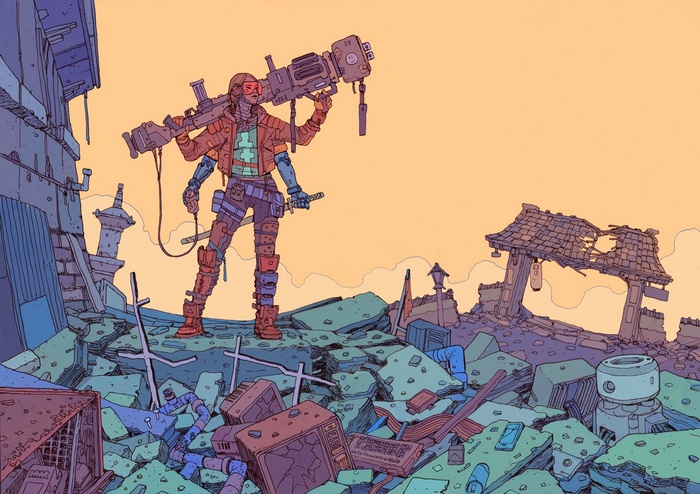 Sci-fi artwork of a four-armed character with a large weapon