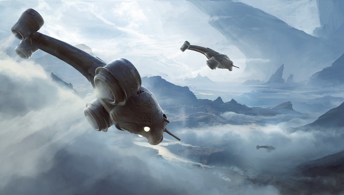 Science fiction artwork of spaceships flying over mountains