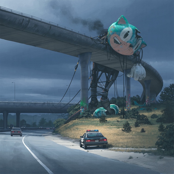 Giant broken cartoon robot on a highway overpass