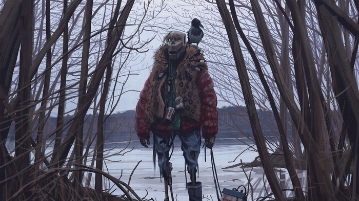 Robot with a crow on its shoulder in a forest
