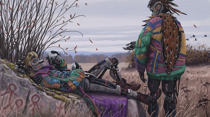 Simon Stålenhag artwork of robots in a field