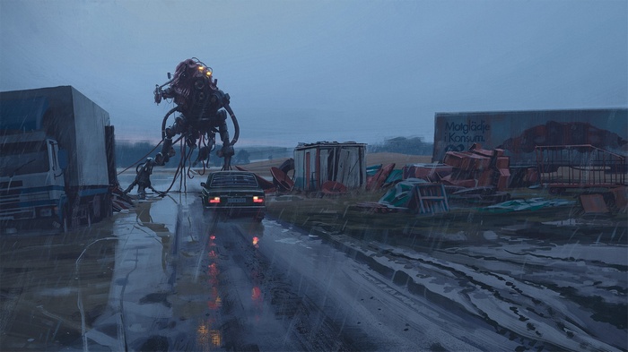 Simon Stålenhag artwork of a robot and trucks