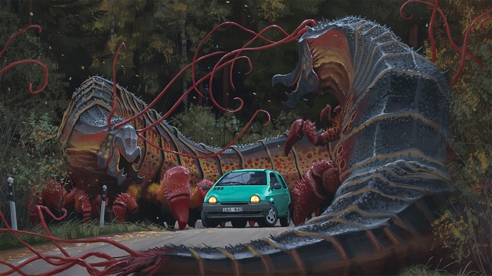Simon Stålenhag artwork: Giant centipede and Renault Twingo