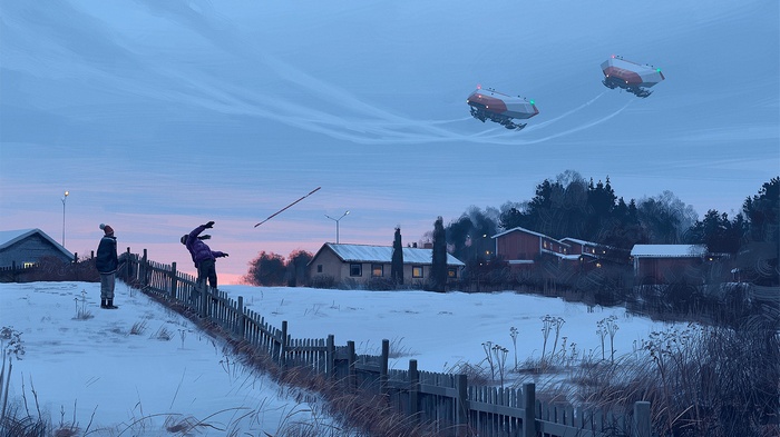 Simon Stålenhag artwork of two children and flying vehicles
