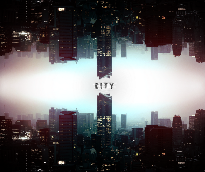 Cityscape with mirrored skyscrapers and the word CITY
