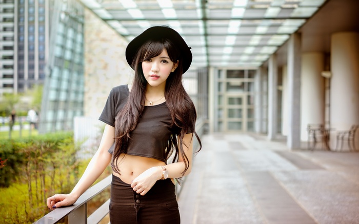 looking at viewer, millinery, Asian, women outdoors, model, brunette, crop top, women, hat, long hair, brown eyes