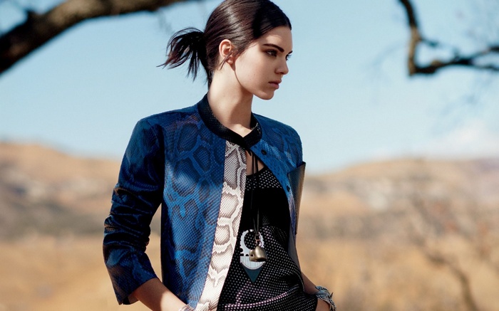 Kendall Jenner in a blue snakeskin jacket