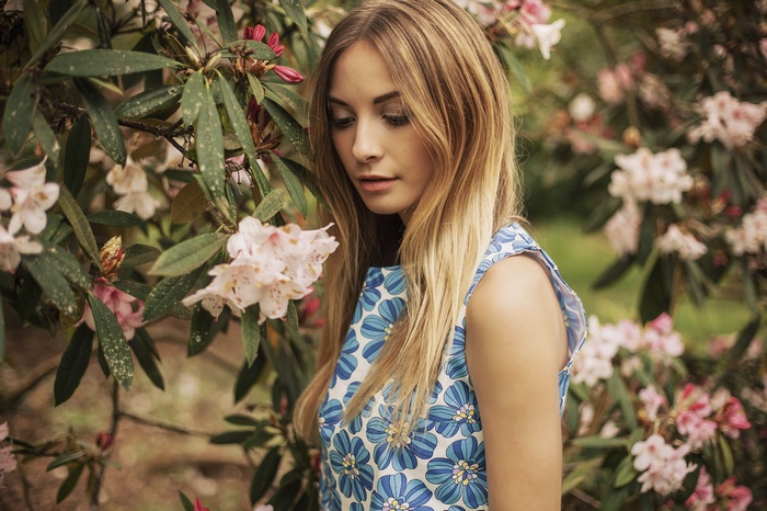 Woman in a floral dress among flowers