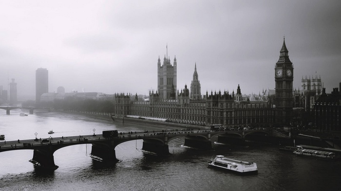 Monochrome view of London with Big Ben and Parliament