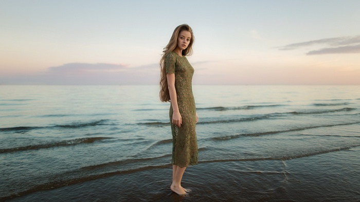 standing, waves, no bra, dress, women, barefoot, see-through clothing, long hair, brunette, sea, women outdoors