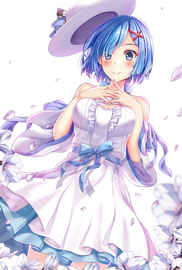 Rem in a white dress with a hat and flowers