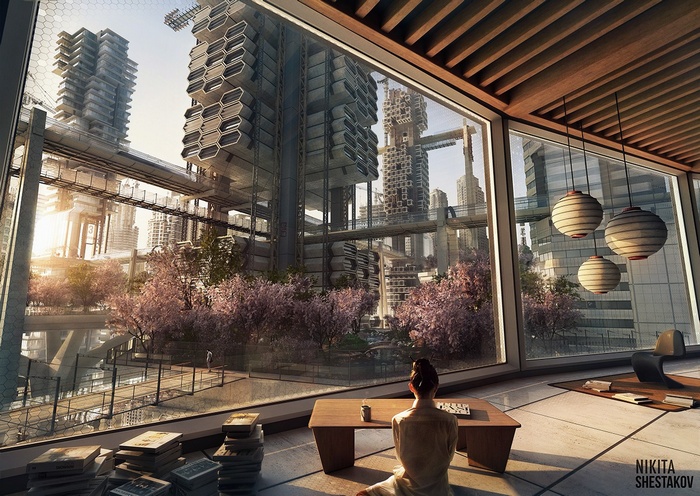 Futuristic cityscape with cherry blossoms viewed from an apartment