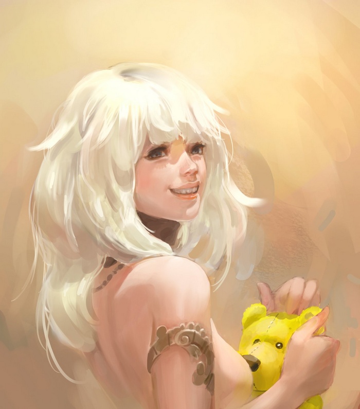Woman with white hair holding a teddy bear