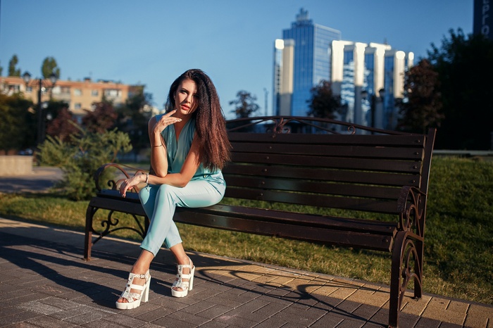 looking at viewer, heels, long hair, women, bench, Kristina Romanova, Dmitry Shulgin, sitting, women outdoors, brunette, model