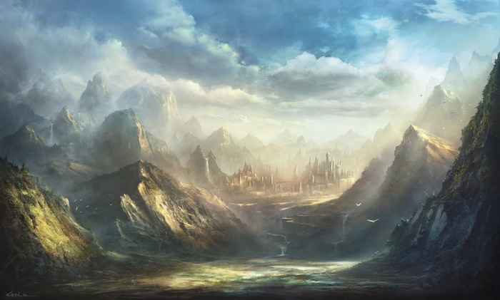 Fantasy city nestled in a misty mountain valley
