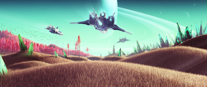 No Man's Sky alien planet with spaceships
