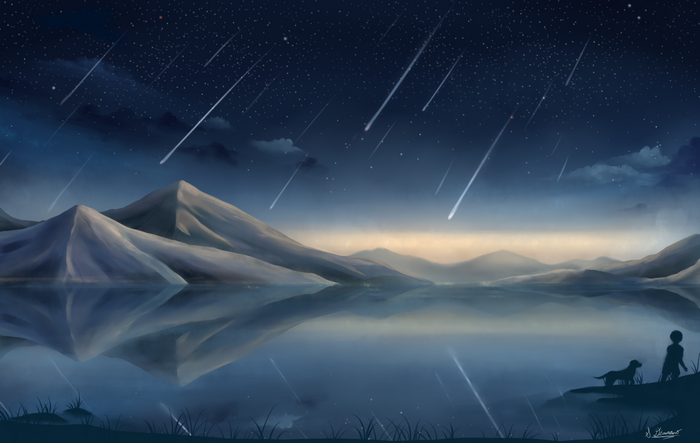 A boy and his dog watch a meteor shower over a lake and mountains
