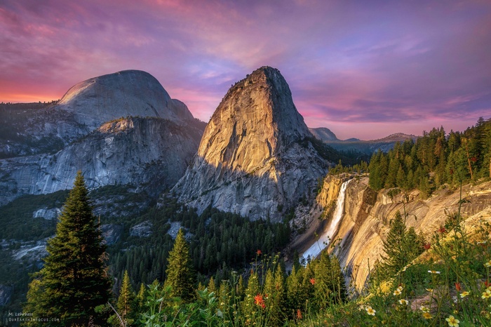 Yosemite National Park landscape with mountains and waterfall