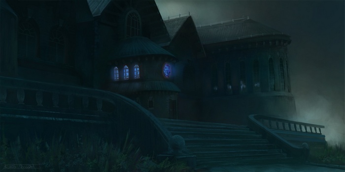 Dark fantasy artwork of a haunted mansion with glowing windows