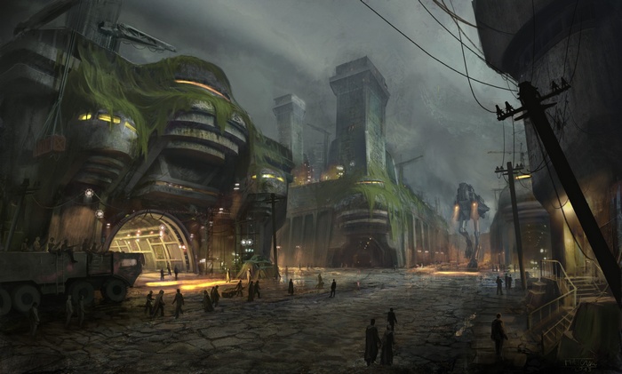Post-apocalyptic city with people and a walker