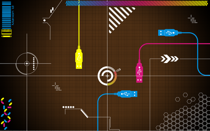 Digital art with USB cables and circuit board elements