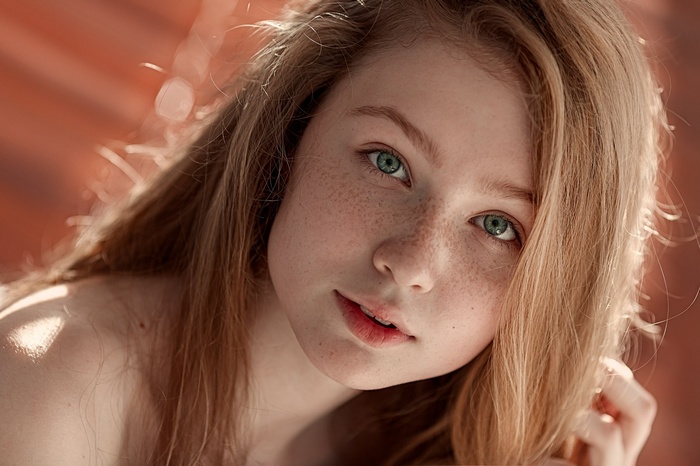 blonde, women, freckles, pale, eyes, looking at viewer, portrait, open mouth, face