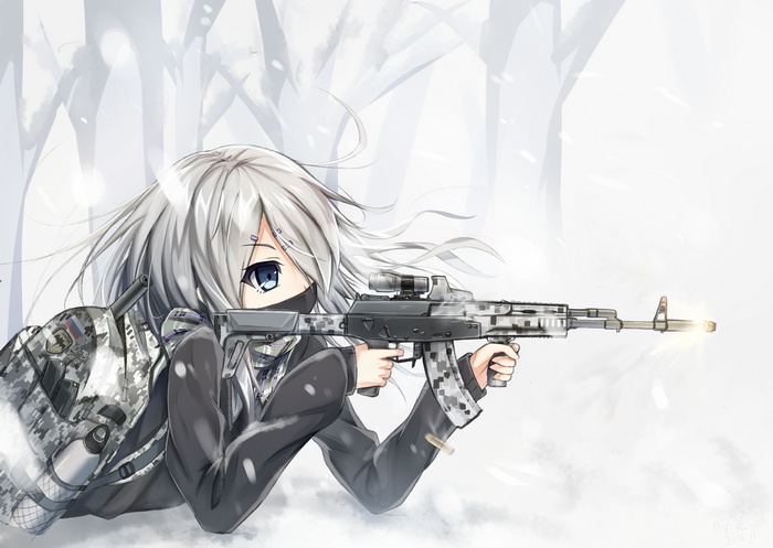 Anime girl with gray hair holding an AK-12 in the snow
