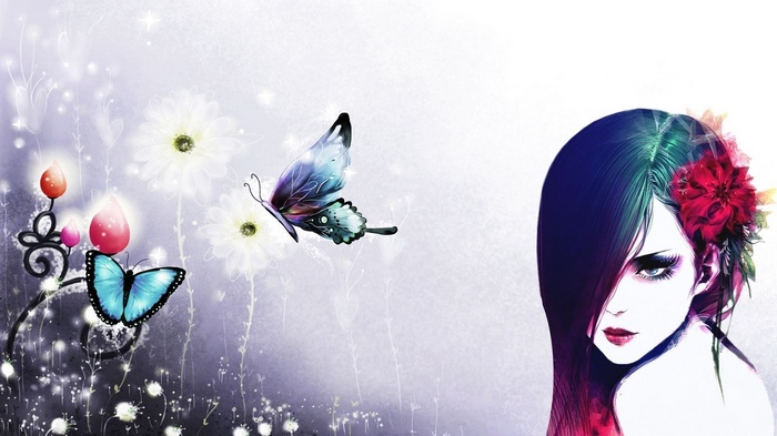 Fantasy girl with butterflies and flowers
