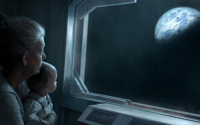 Grandmother and baby look at Earth from space