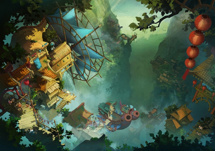 Fantasy village built on cliffs with windmills and lanterns