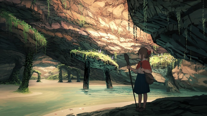 Girl with staff in a cave with ancient ruins