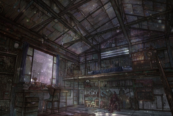 Steampunk attic room with a view of the cosmos