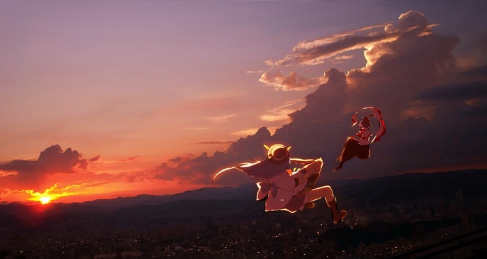 Two girls flying in the sky at sunset