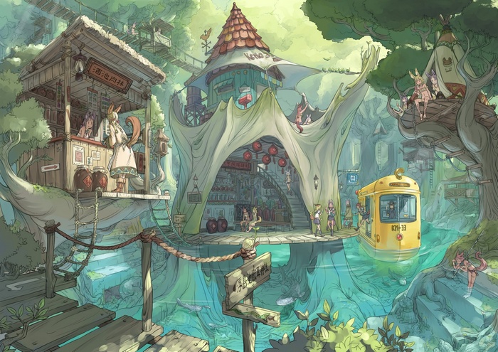 Fantasy forest village with anthropomorphic characters and a yellow tram