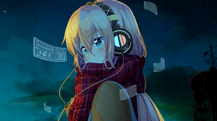 Megurine Luka wearing headphones and scarf at night