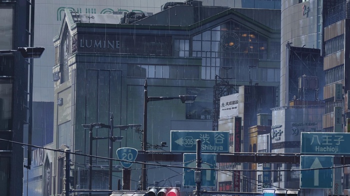 Anime city street with Shibuya and Hachioji signs in the rain