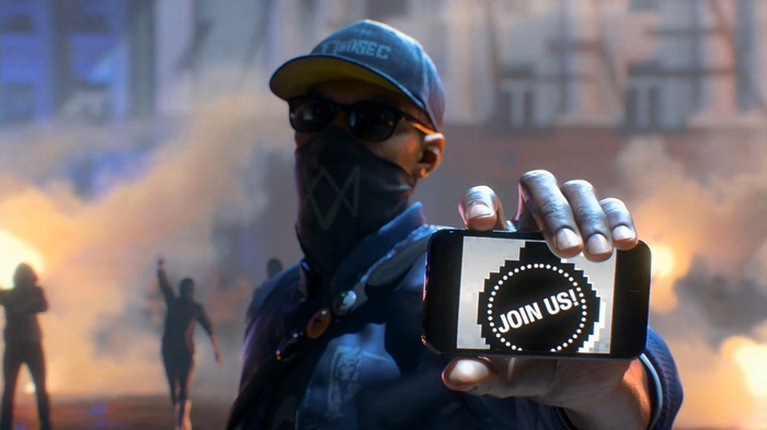 Watch Dogs 2 hacker holding a phone with "JOIN US!"