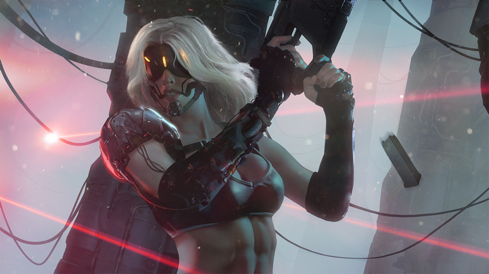 Cyberpunk woman with bionics and gun